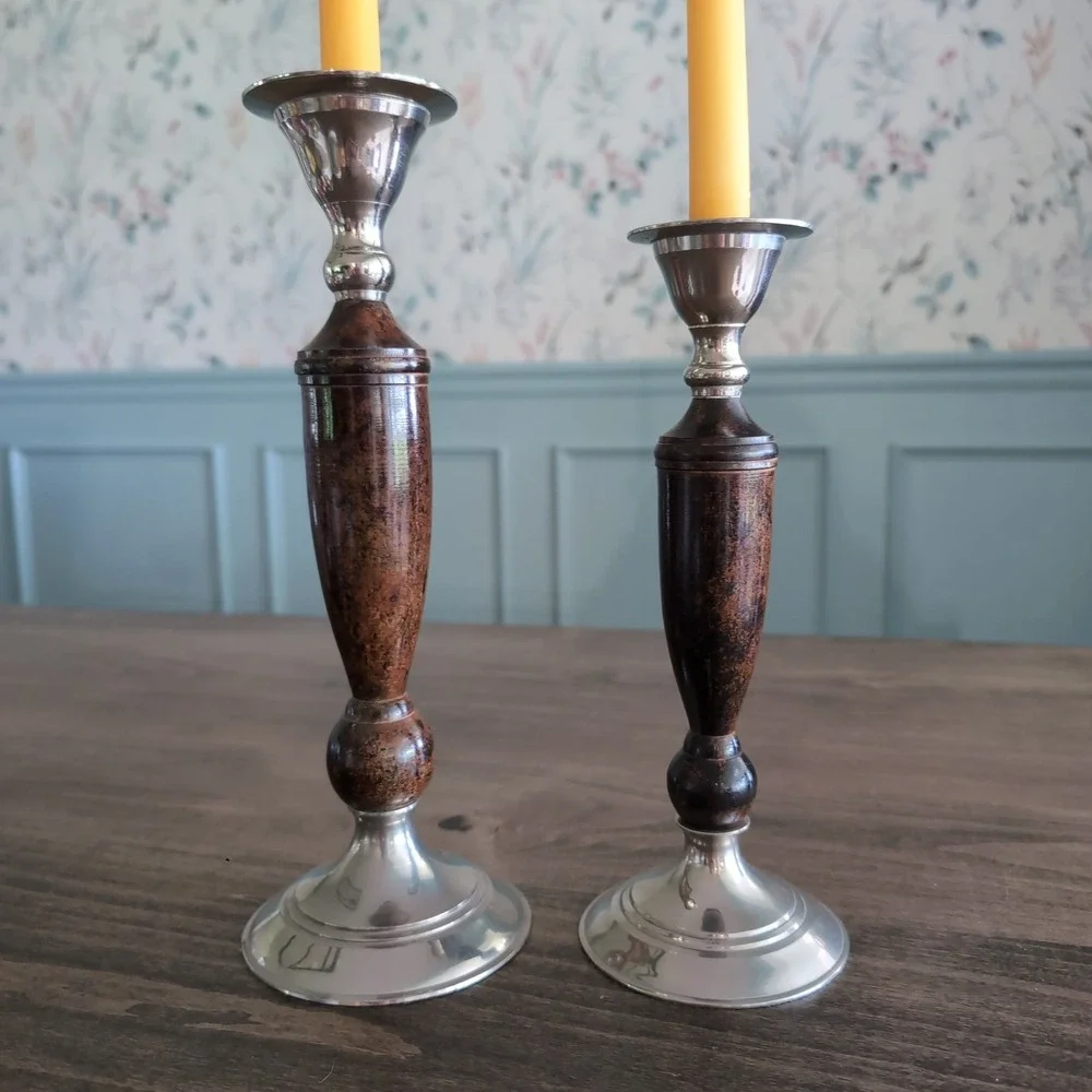 Vintage Candlestick Holders Silver Lacquered Wood~ Metal Set of 2~ India 70s MCM